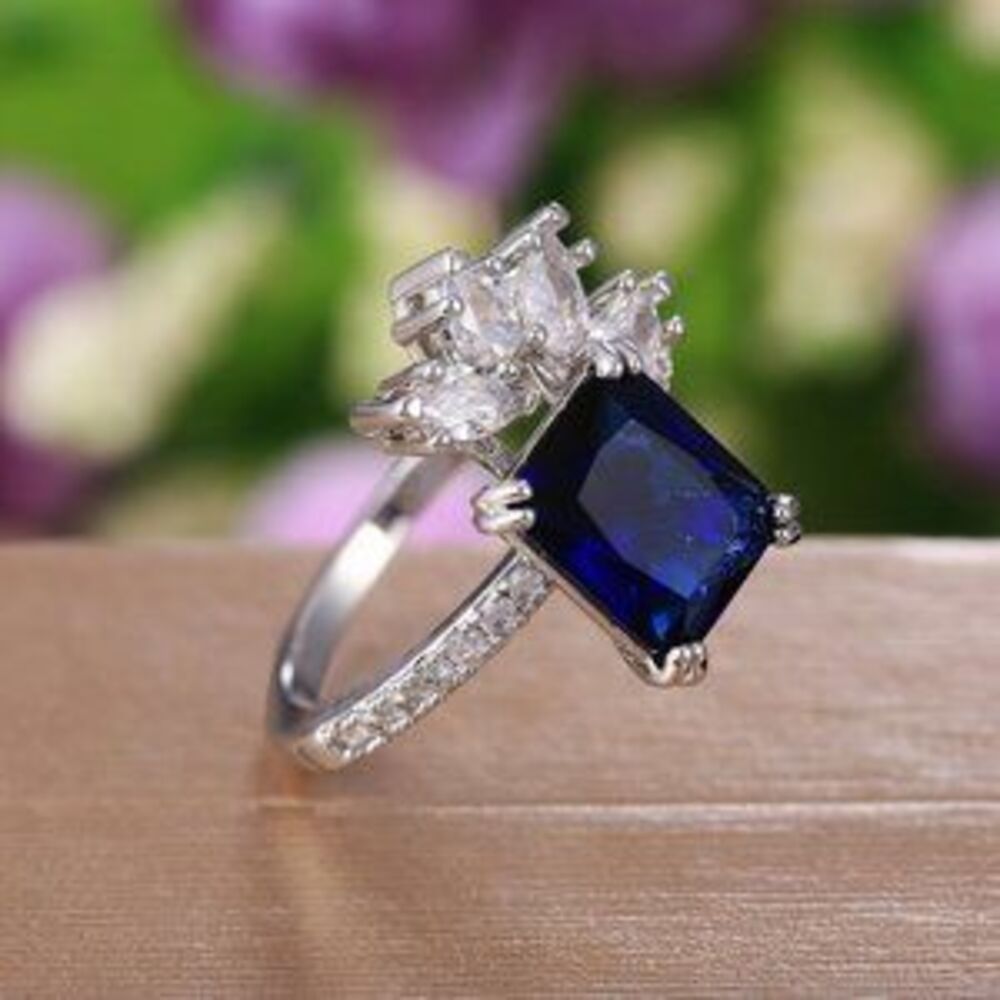 *NEW 925 Silver Blue Sapphire Marquis Leaf Ring